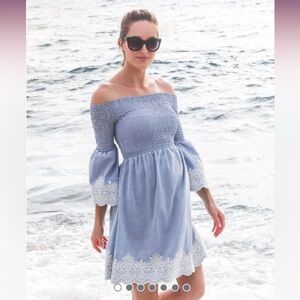 Seraphine Blue Embroidered Off the Shoulder Maternity Dress